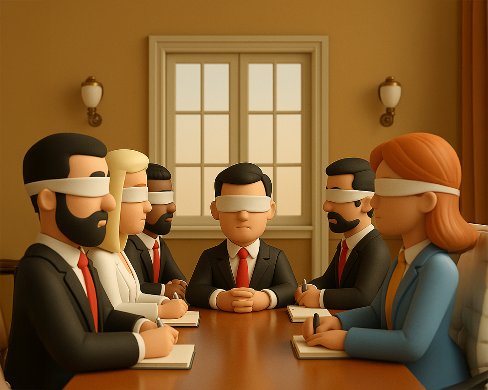 Blind-Board 3D action figures in a board room wearing blindfolds.