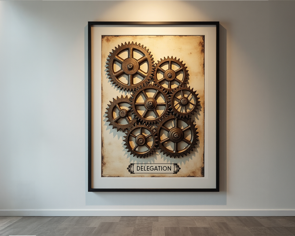 Art of Delegation - Blog Framed piece of art with steampunk styled gears with a nameplate that says "Delegation" - AI Generated