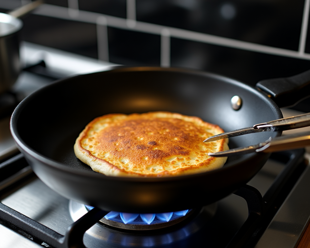 First pancake, slightly imperfect, cooking in a frying pan on the stove