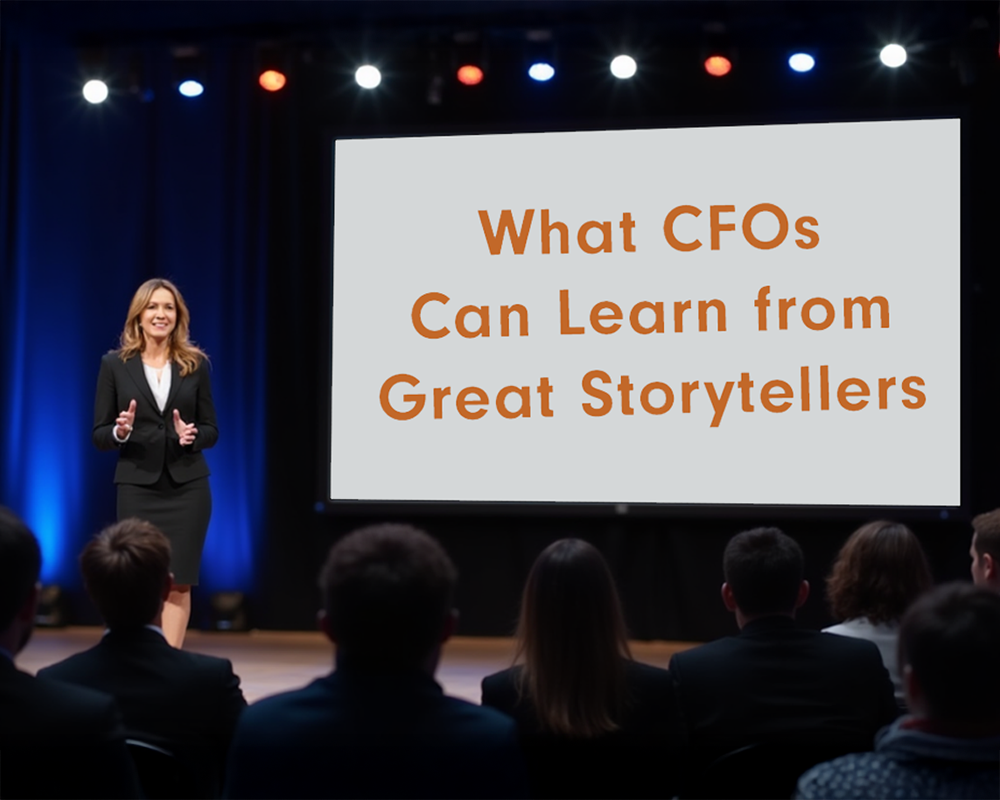 business woman presenting from the stage to the audience with the title slide reading "What CFOs Can Learn from Great Storytellers"