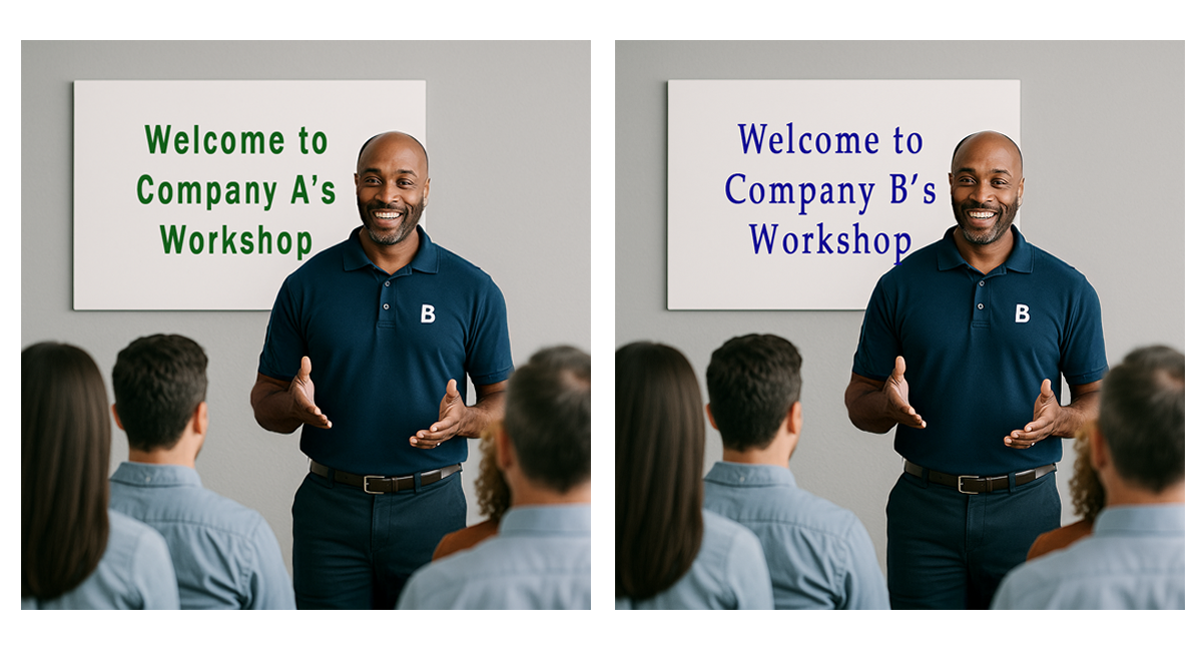Two duplicate photos side by side. A male presenter in front of an audience. Sign behind him on left picture says Company A -- RIght says Company B otherwise they are identical
